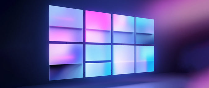 a panel of 8 screens of iridescent pink, blue, and purple colors: static vs dynamic website