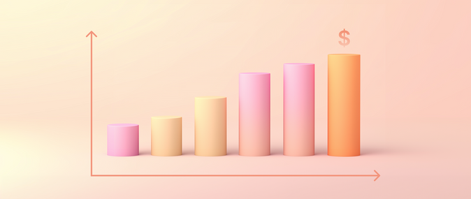 Bar chart with cylindrical columns increasing in height, symbolizing sales growth.