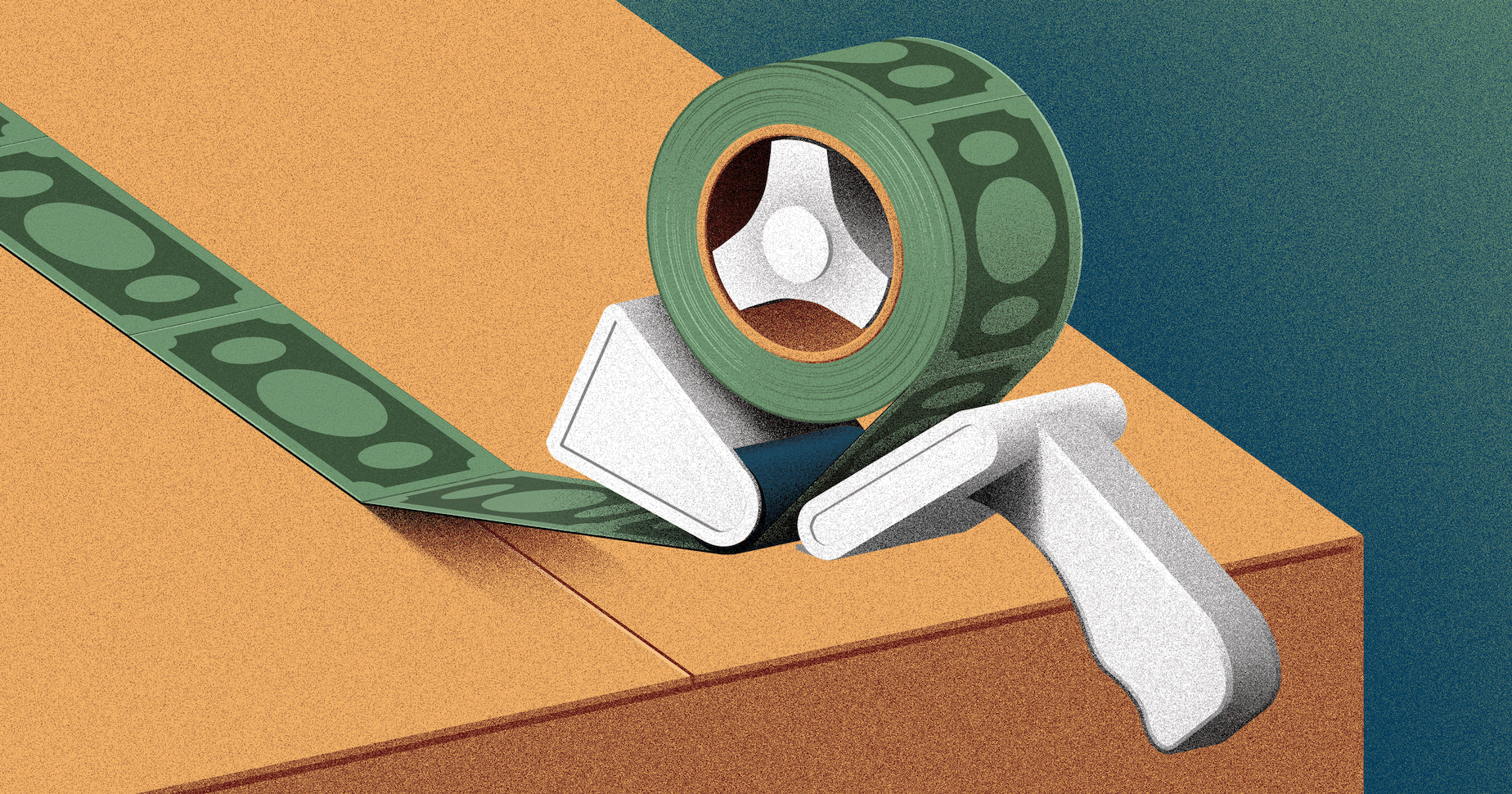 Illustration of a package being sealed with tape made from dollar bills, representing the cost of shipping.