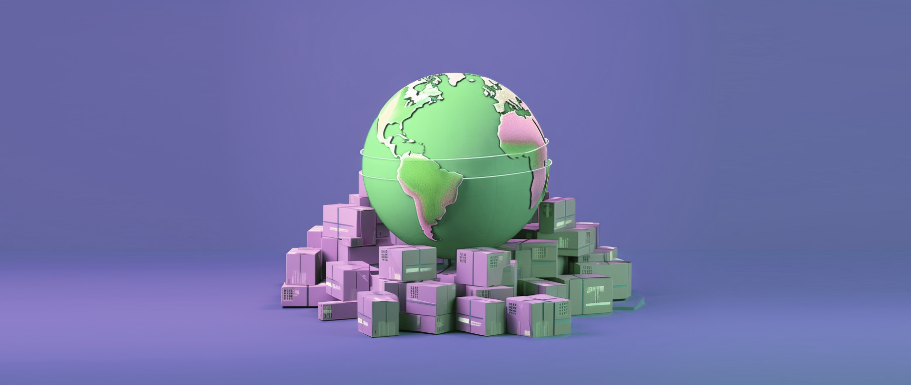 a green globe surrounded by boxes representing international shipping