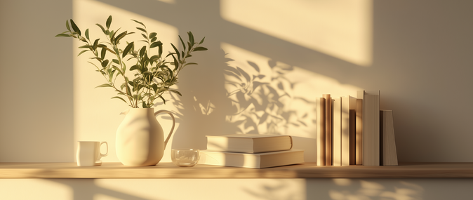 Books and a plant on a wooden shelf with soft sunlight casting shadows on the wall.