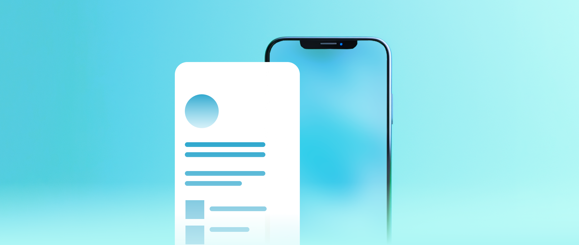 A profile icon in front of a phone screen on a blue background.