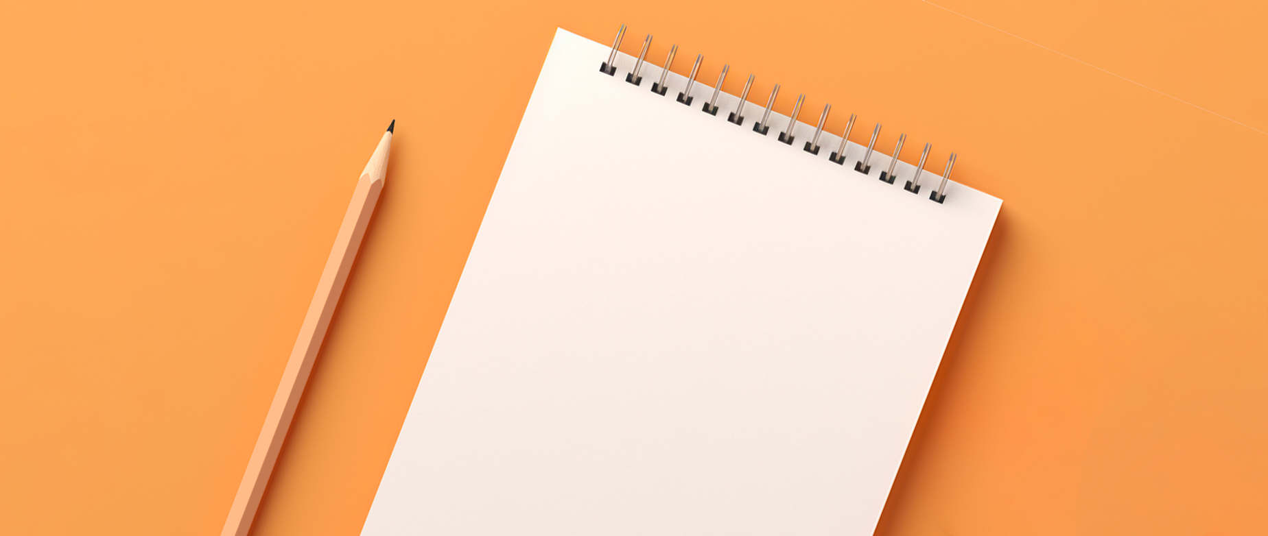 A blank notepad next to a woodent pencil on an orange background.