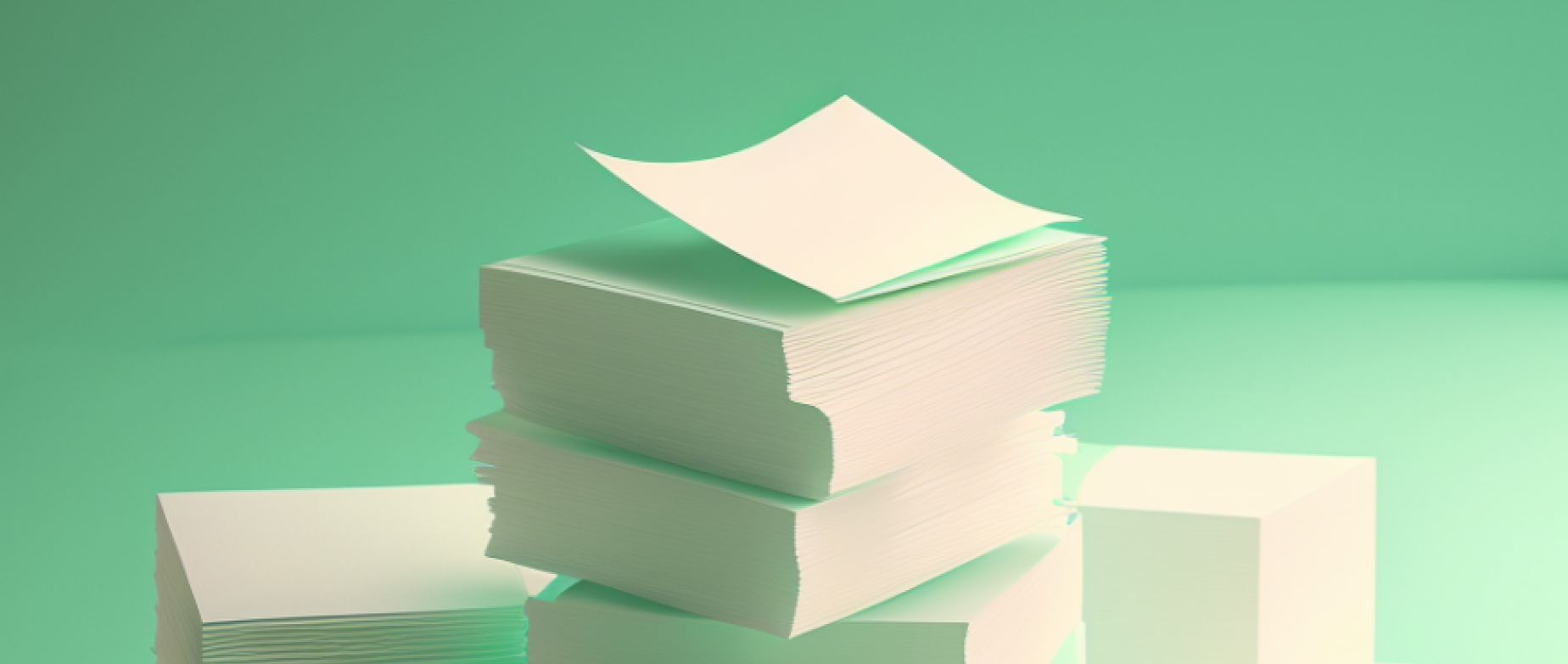 a stack of paper on a green background