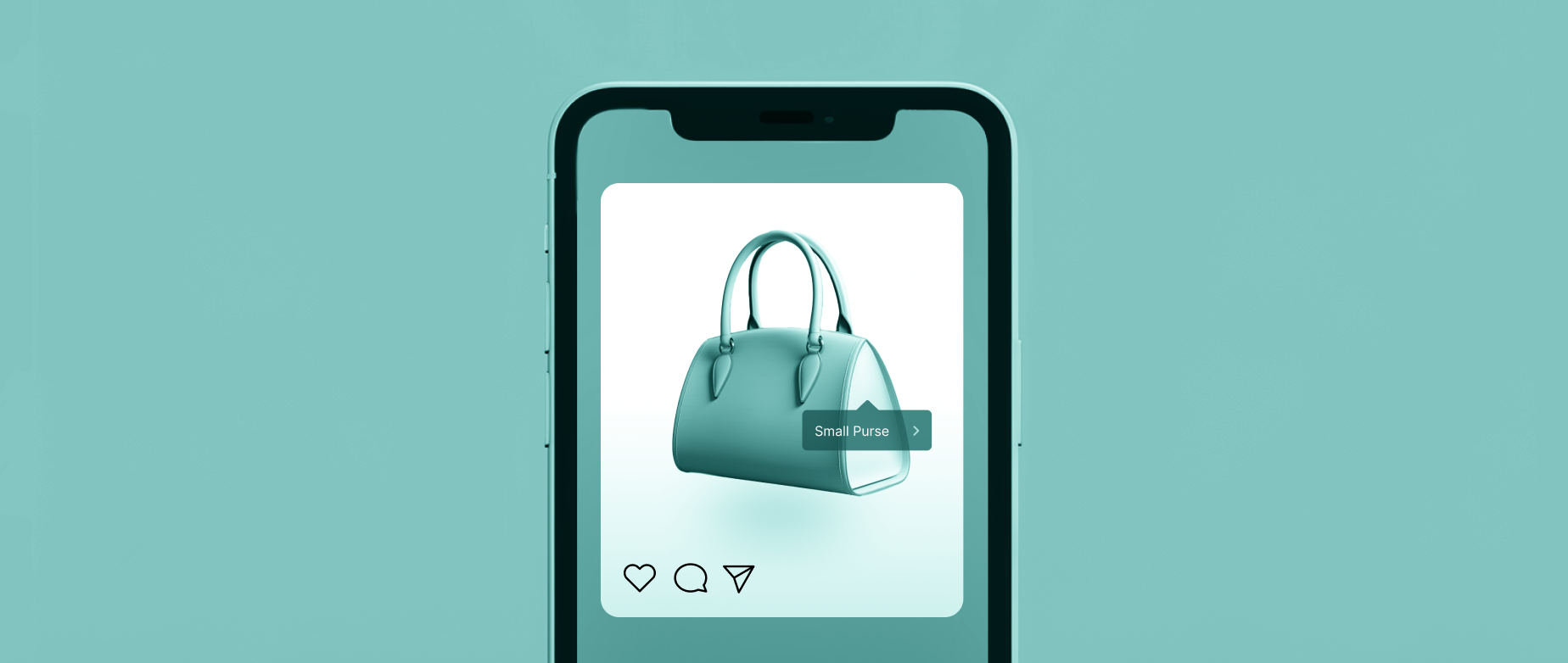 A phone displays an advertisement for a purse in a style commonly used on social media platforms.