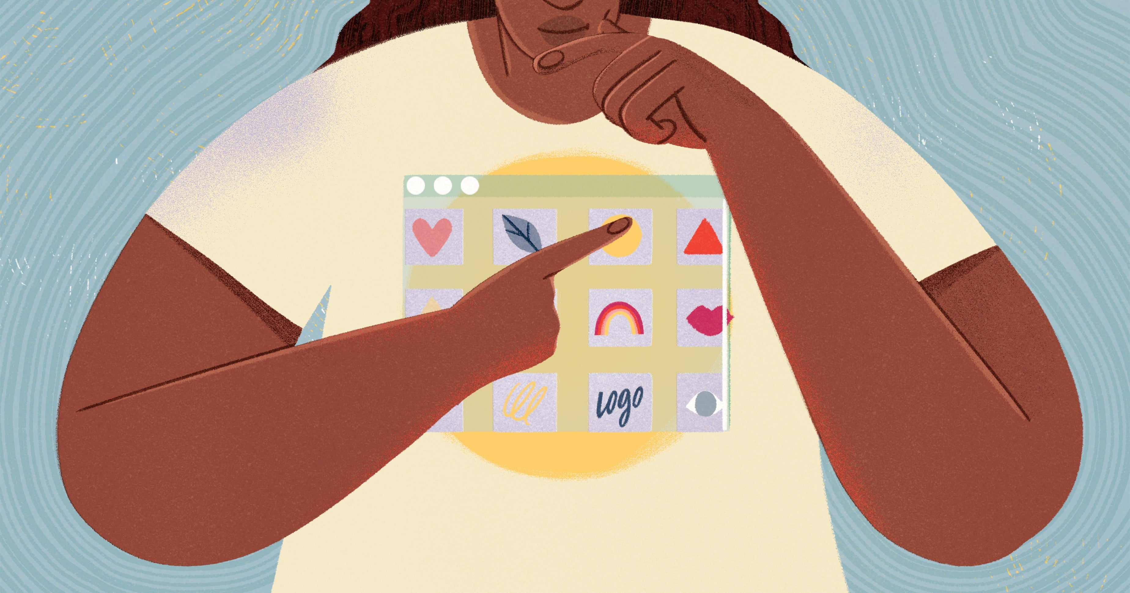 Illustration of a person designing a print-on-demand shirt using a variety of pre-made templates.