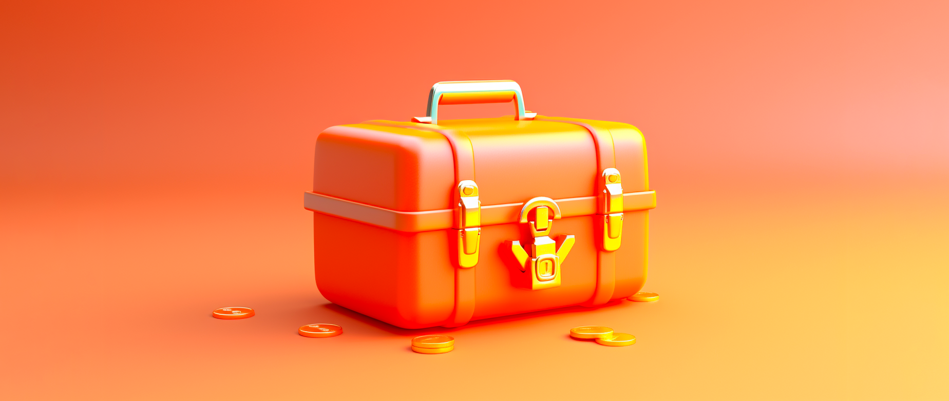 An orange toolbox with coins on a orange and yellow background.