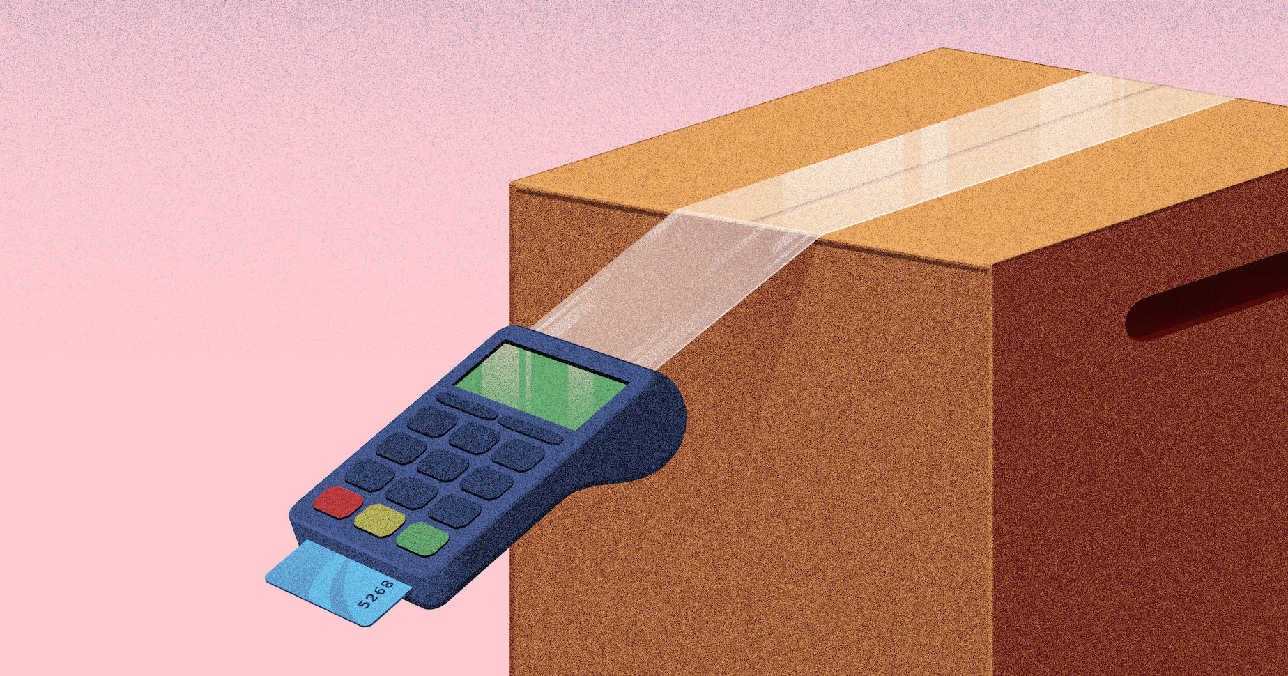 Illustration of a box being taped closed and a card reader showing how much the box is to ship