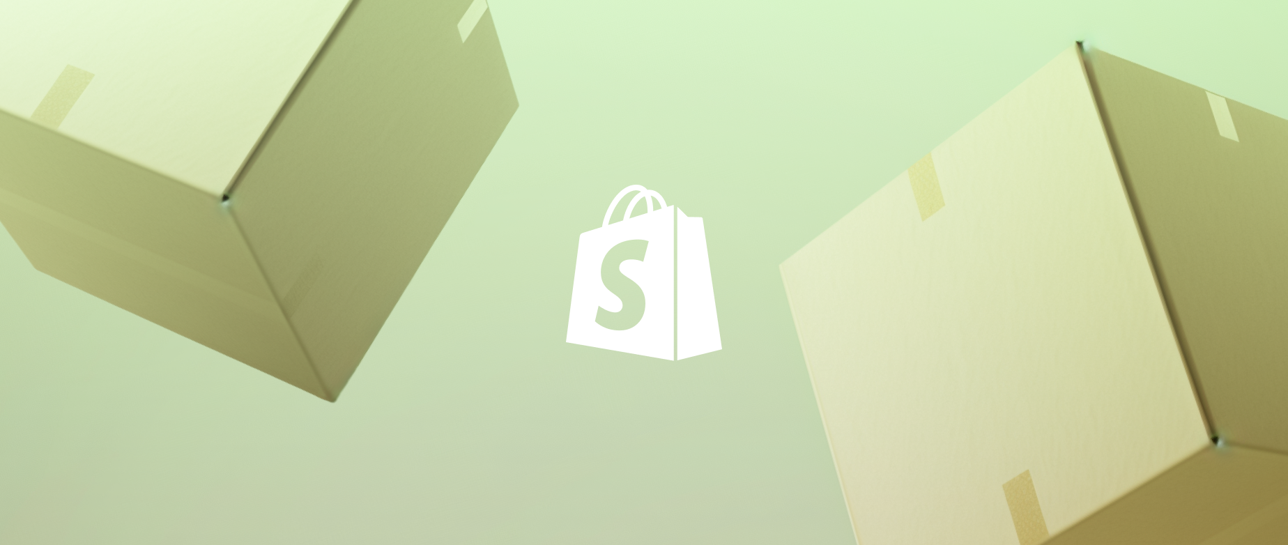 Cardboard shipping boxes surround the the Shopify logo