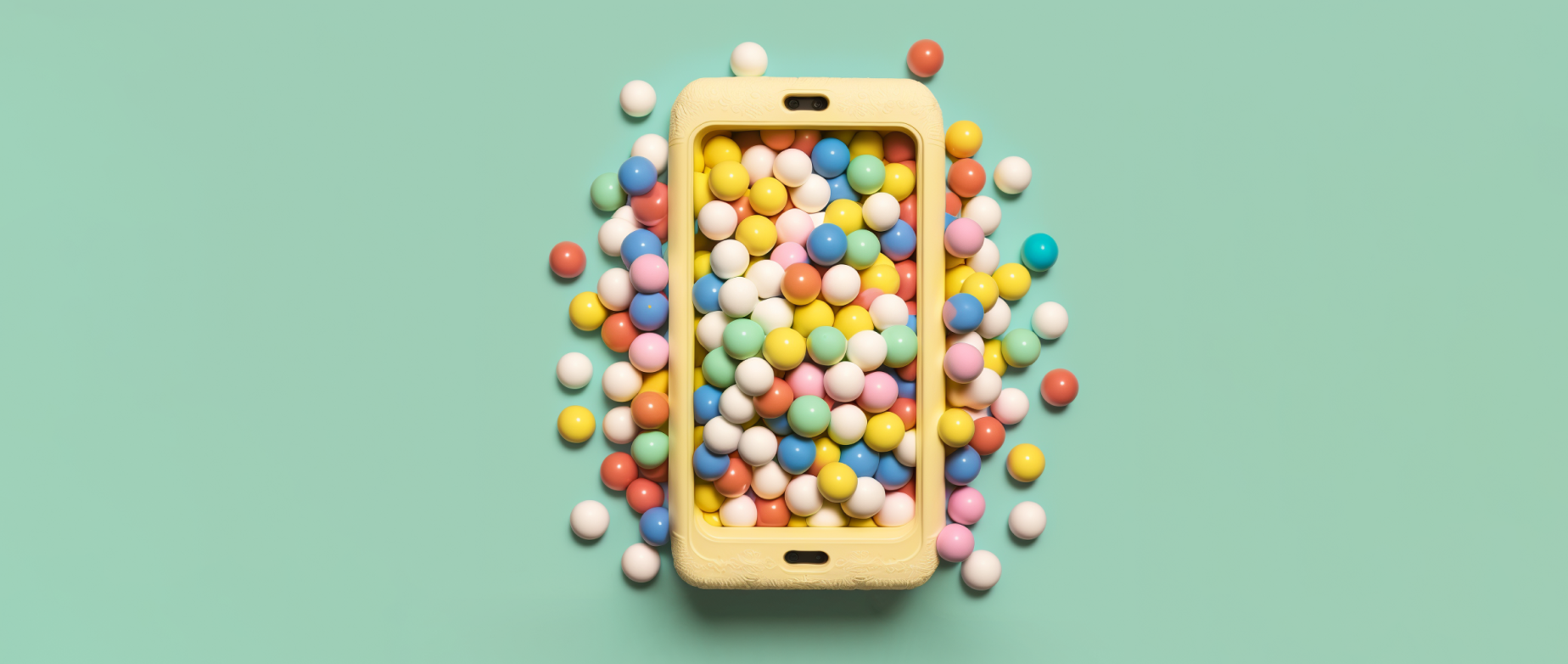 a mobile phone case over a pile of colored gumballs on a green background