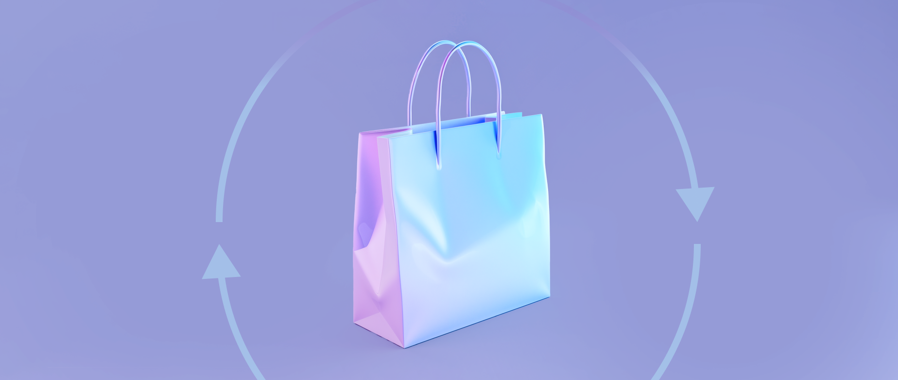 A shopping bag is surrounded by cyclical arrows representing unified commerce.