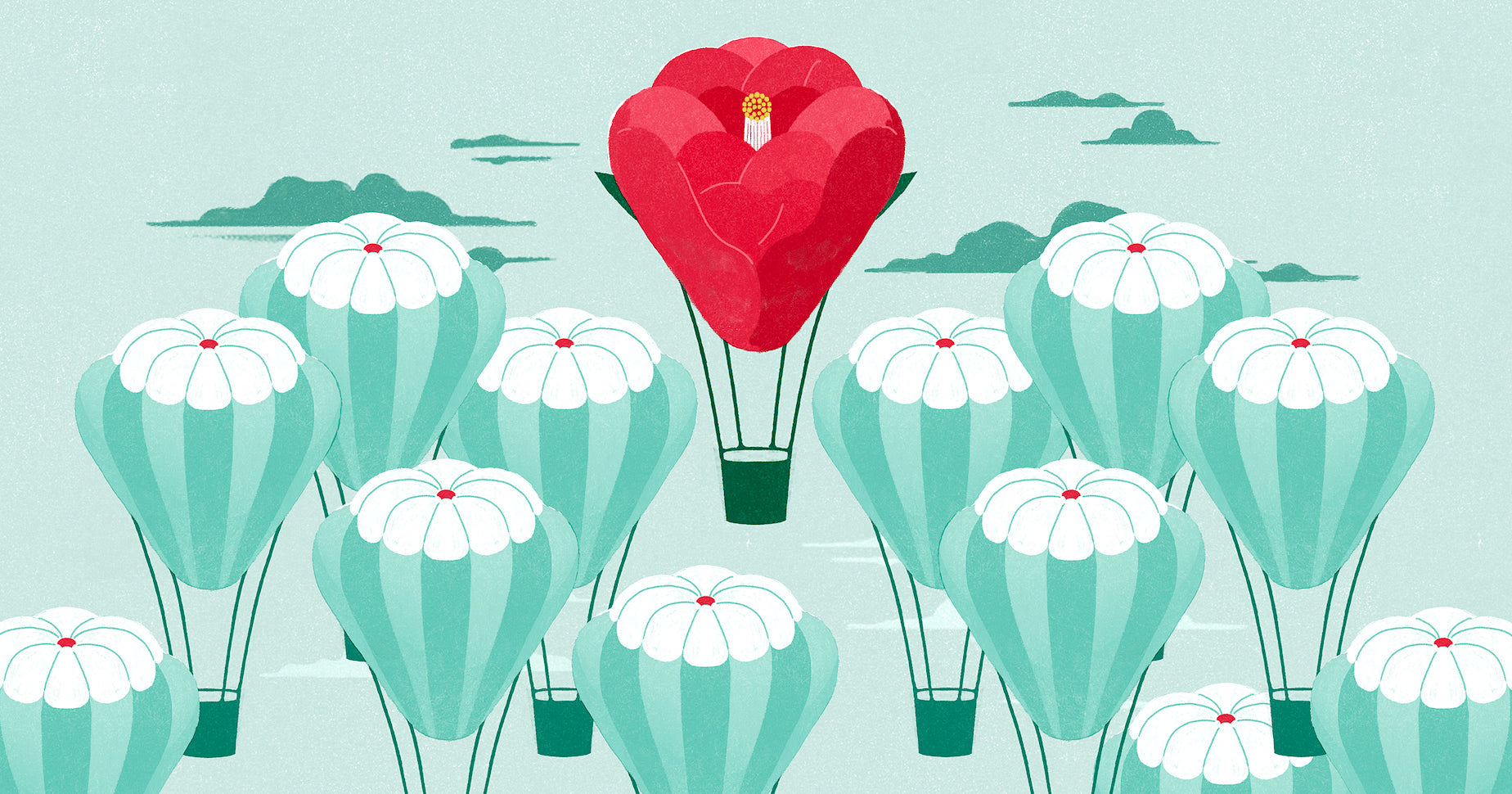 Illustration of a red balloon rising above other light blue balloons, representing how a unique selling proposition helps you rise above the competition