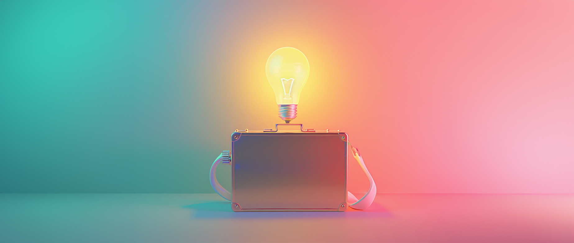 A silver briefcase with an illuminated lightbulb above it on a half blue, half pink background.