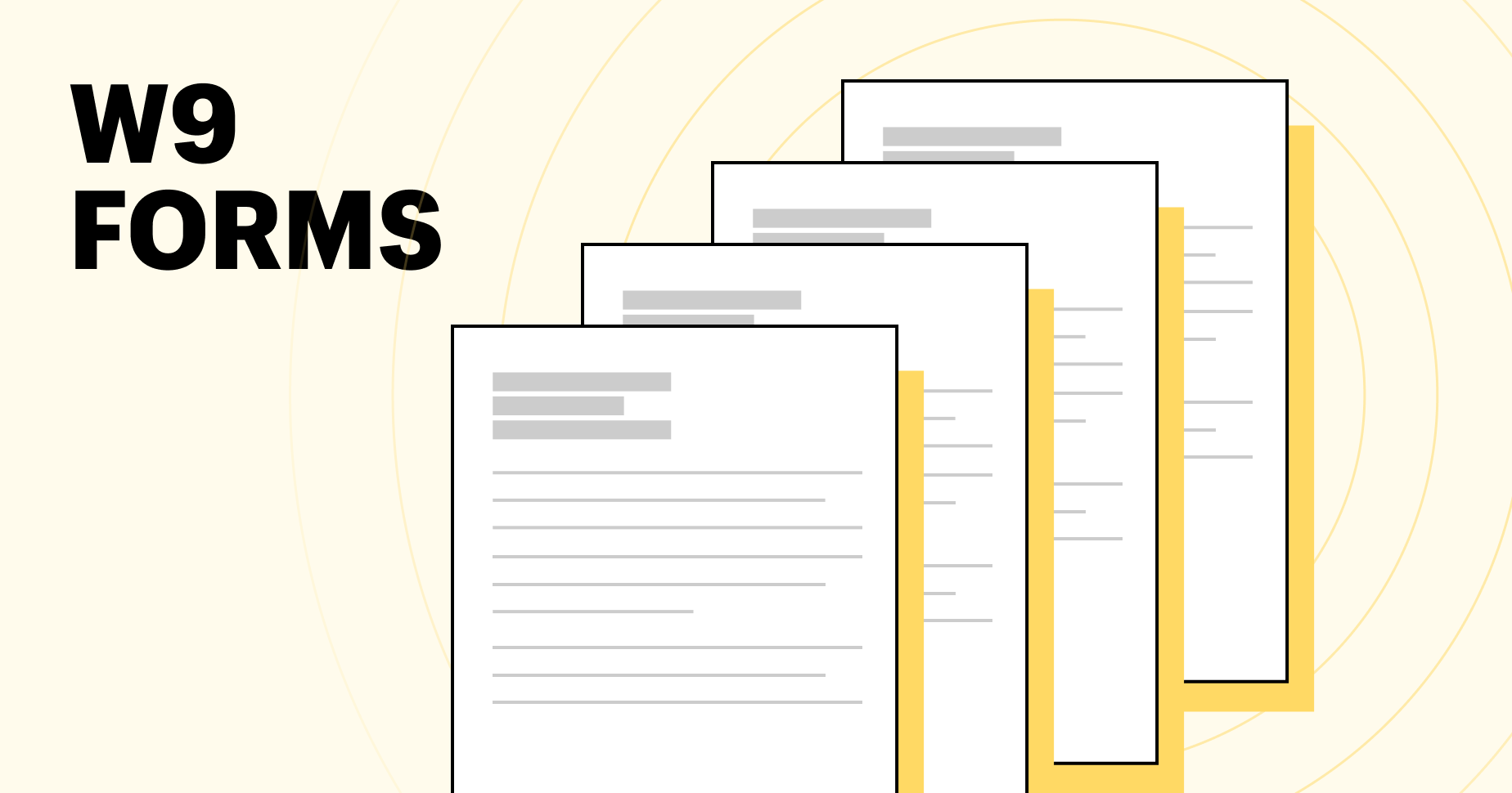 w-9 forms on left and pile of papers and icons that represent filing taxes