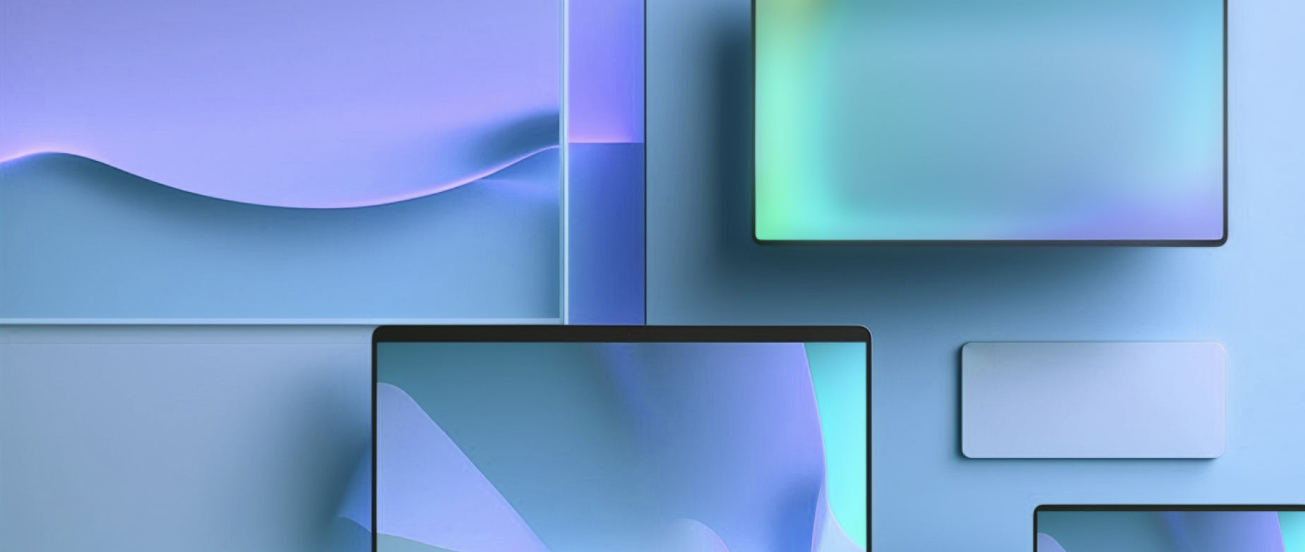 computer screens with iridescent blues, purples and greens swirling: website content