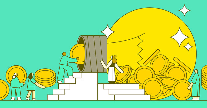 Illustration of two people climbing stairs and slotting coins into a lightbulb to represent crowdfunding a business idea