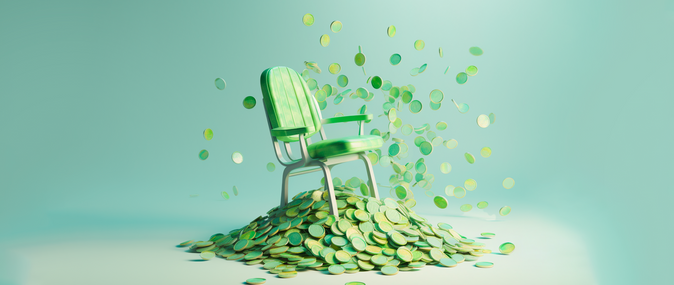 A comfortable green chair atop a pile of coins representing the concept of passive income