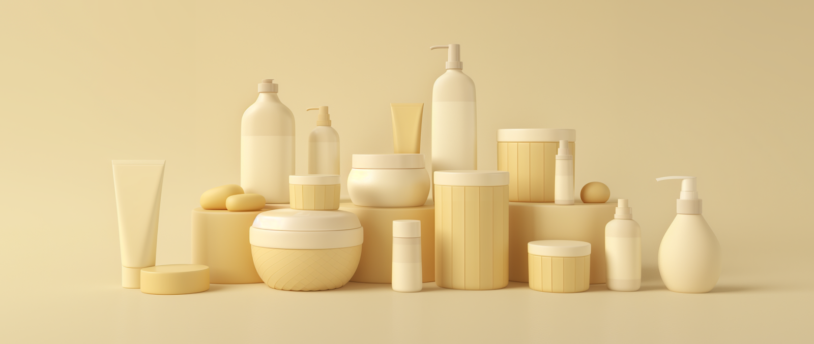 A collection of plain, unlabelled bottles, tubs, and pots, representing the concept of white labeling