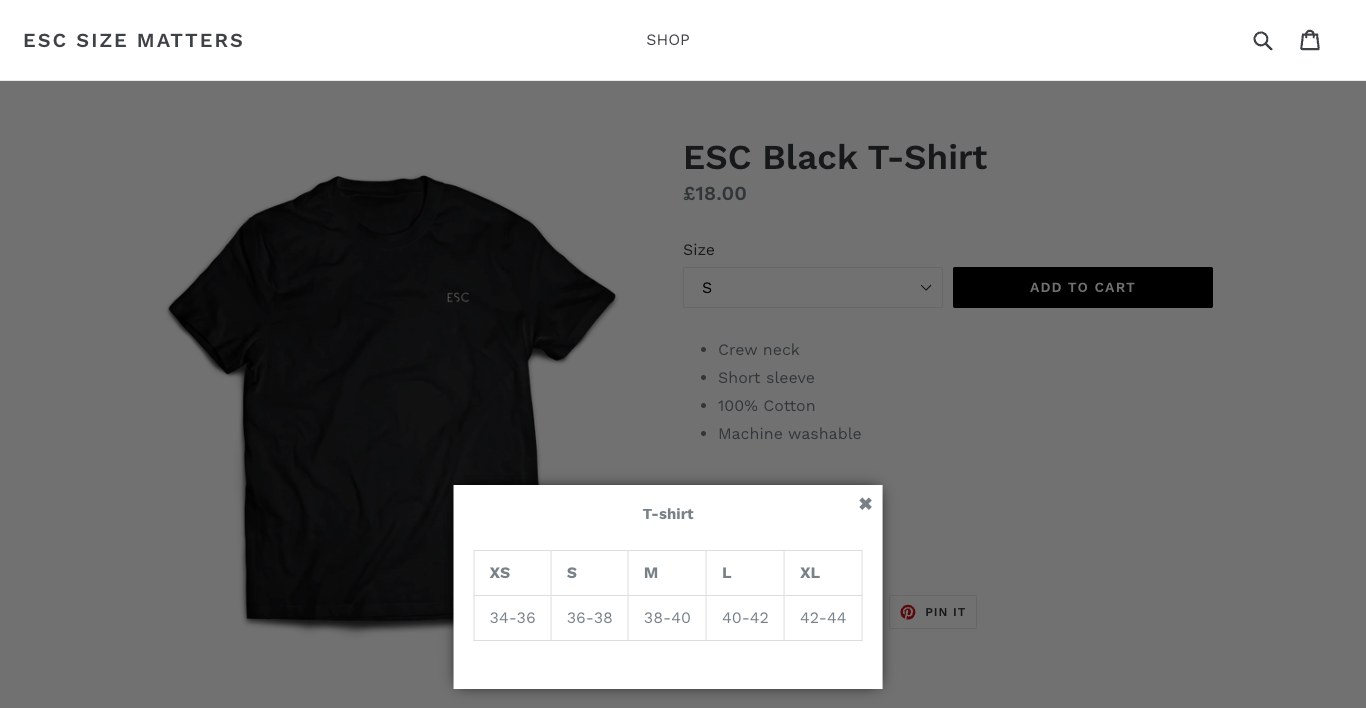 ESC example site showing size chart pop-up on product page
