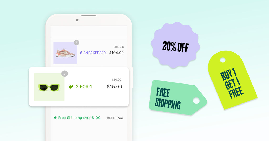 A mobile view of a discount checkout page, featuring discounts on sneakers and sunglasses.