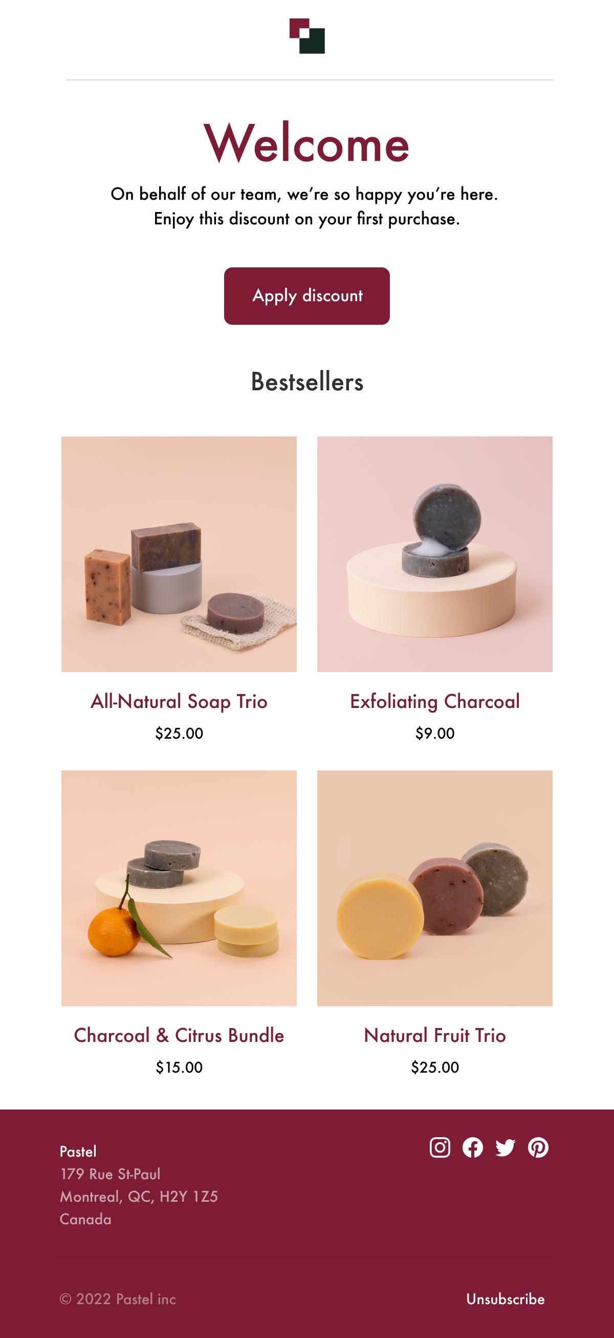 welcome email with a short welcome message, showcasing soap and other bath products in the store