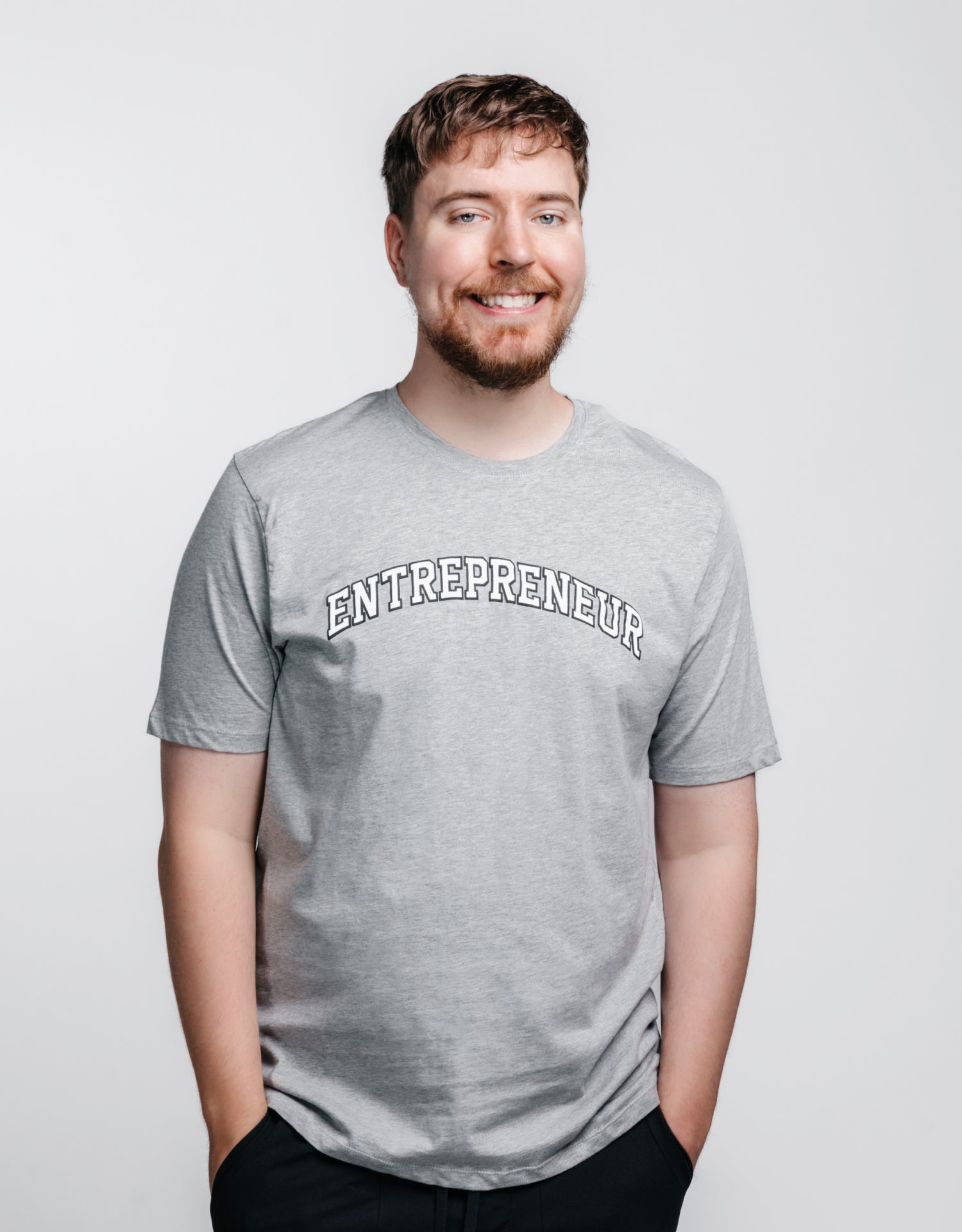 MrBeast in a gray Shopify Supply shirt that says Entrepreneur.