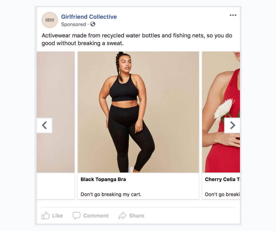 Different product types advertised on Facebook.