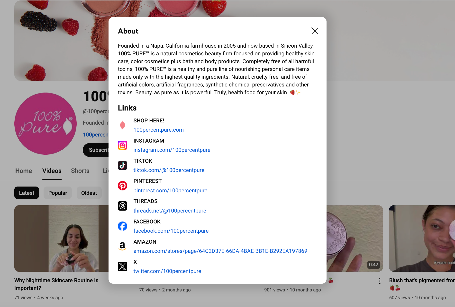 100% Pure’s YouTube channel profile showing links to its ecommerce site and social media profiles.