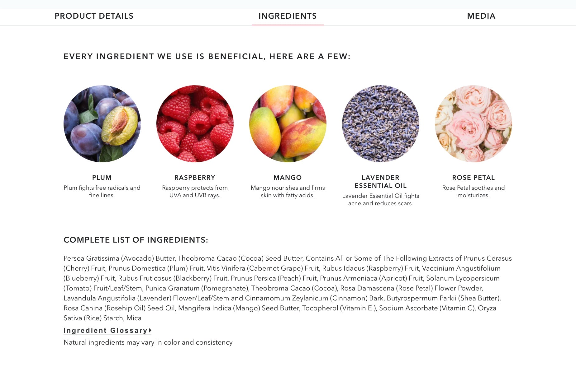 100% Pure product page screengrab featuring product and ingredient info