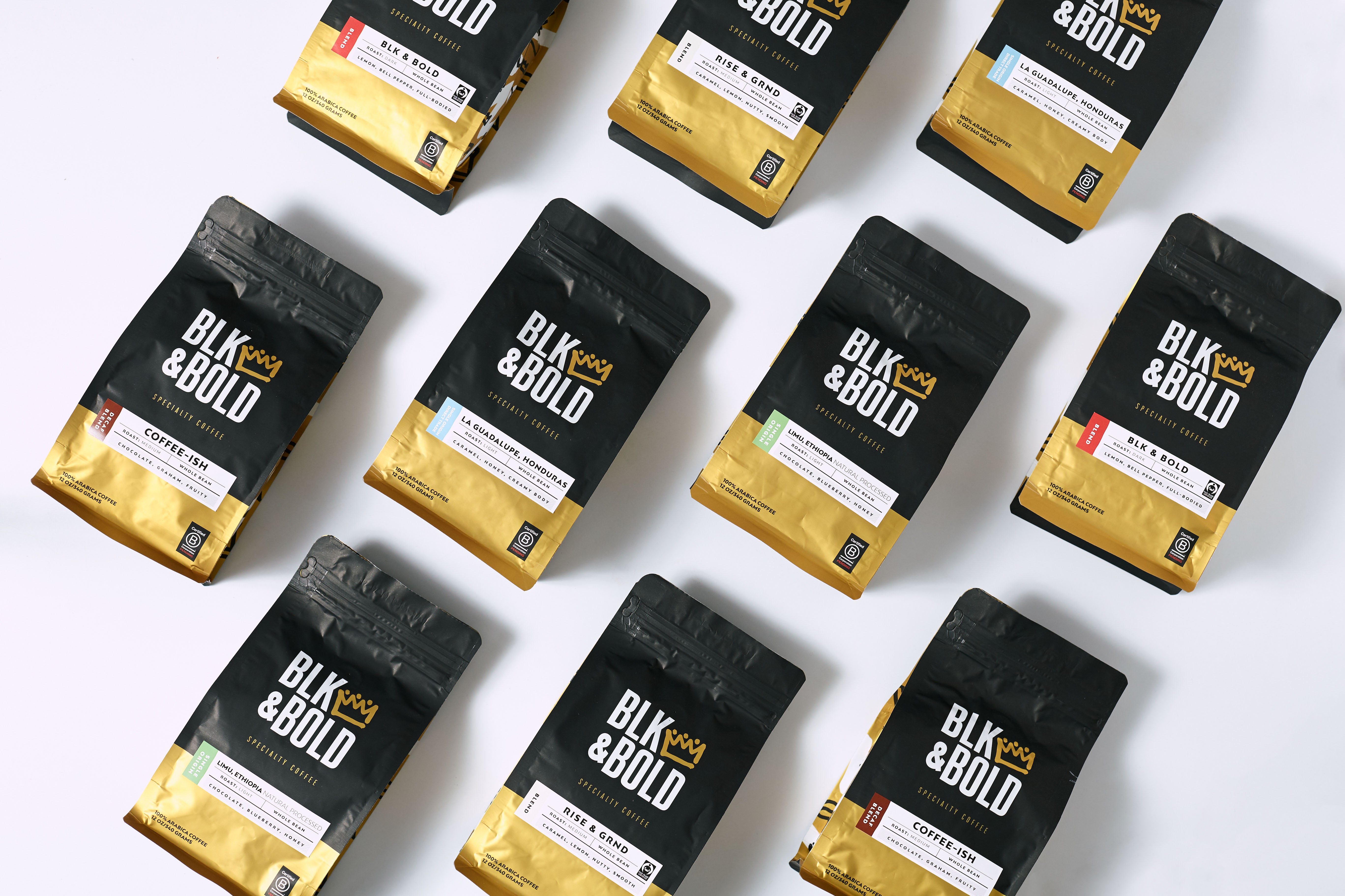 Packages of coffee blends by BLK & Bold. 