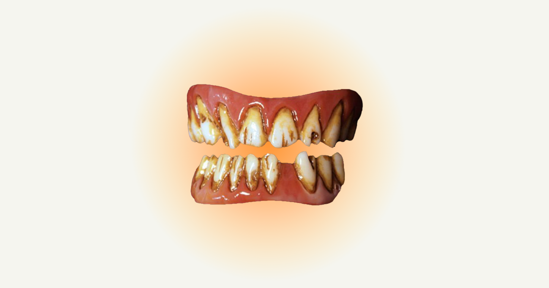 Prosthetic zombie teeth with decay and blood