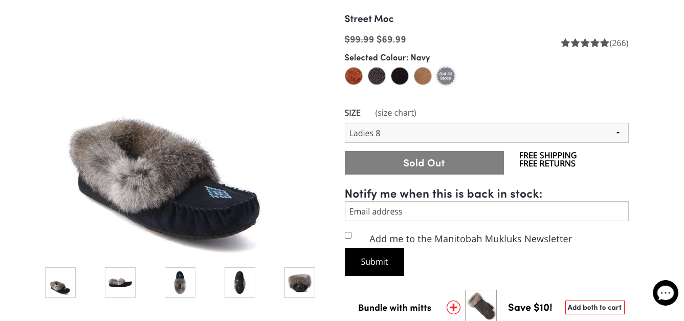 Product page for Manitobah Mukluks that lets shoppers sign up to be notified when the product is back in stock