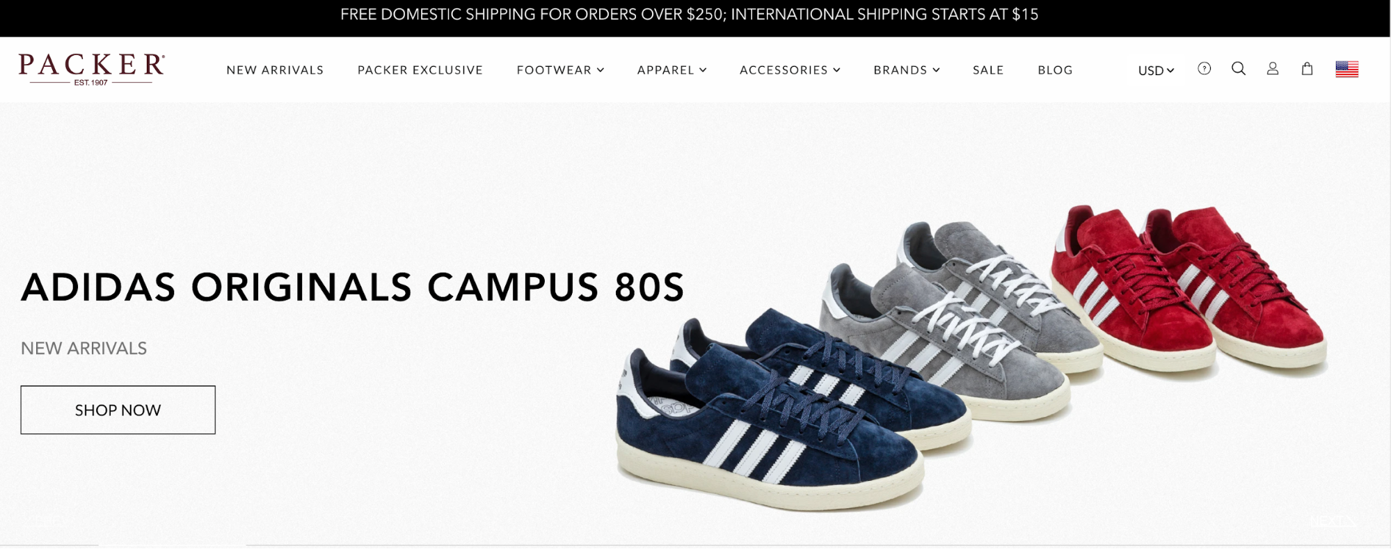 Packer Shoes homepage showcasing the Adidas sneakers they have available
