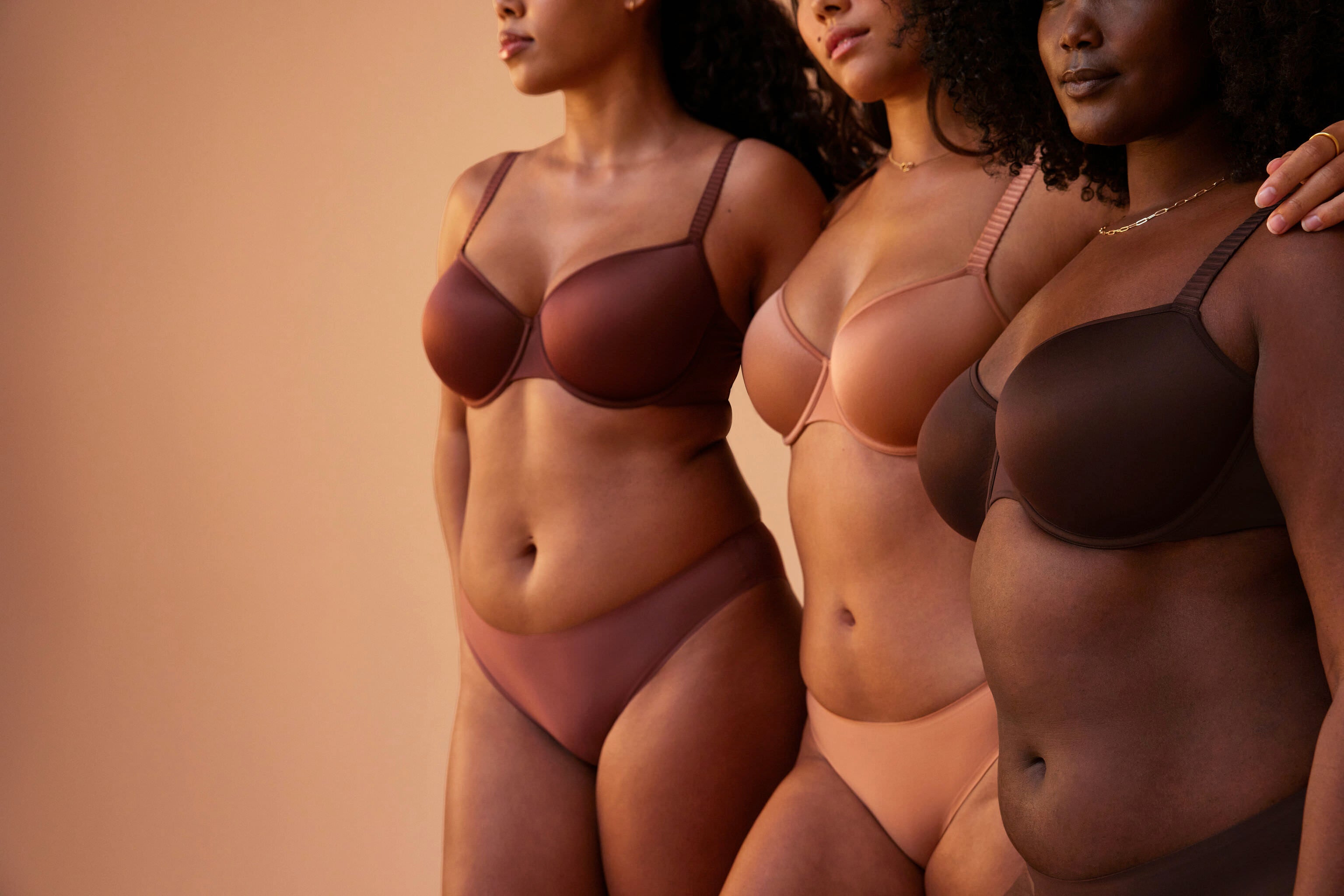 Three models wearing bras and underwear from ThirdLove against a brown background.
