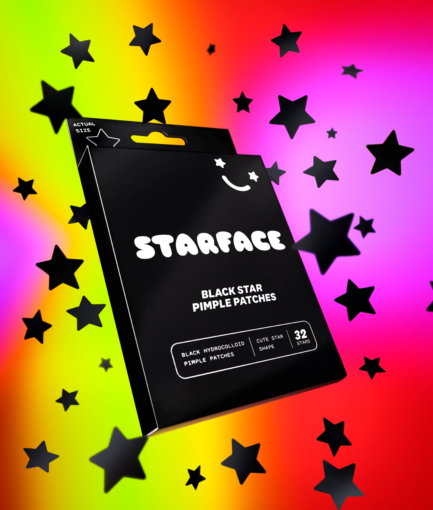 Black star pimple patches floating in front of a rainbow background, surrounded by large and small hydro-stars in black.