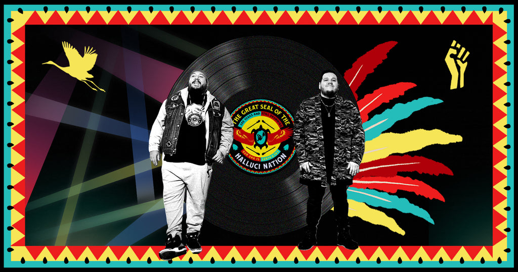 Photo collage of Canadian EDM group a Tribe Called Red. Tim 