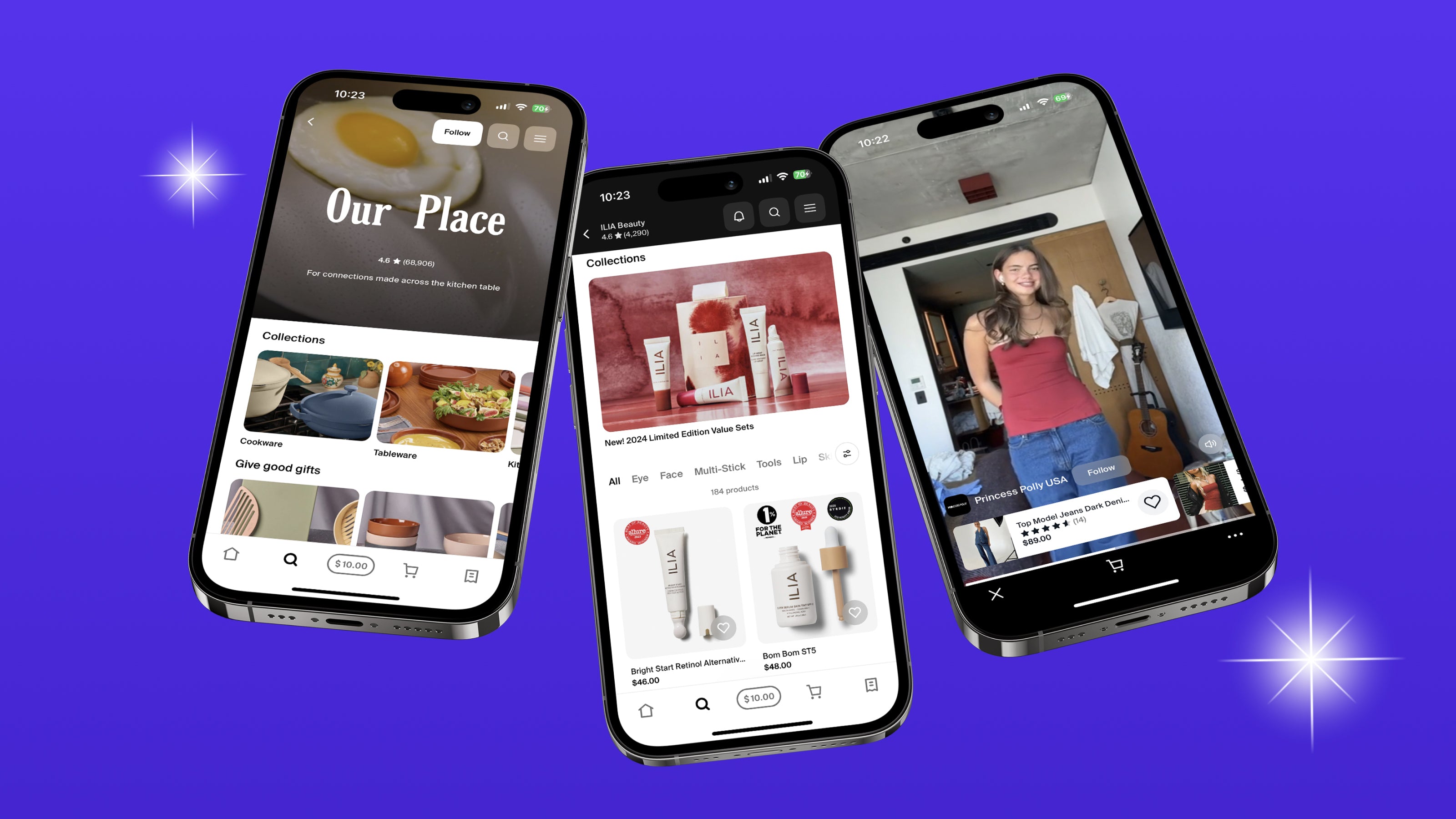 Three mobile phones showing a Shop Store, collections on a Shop Store, and a shoppable video