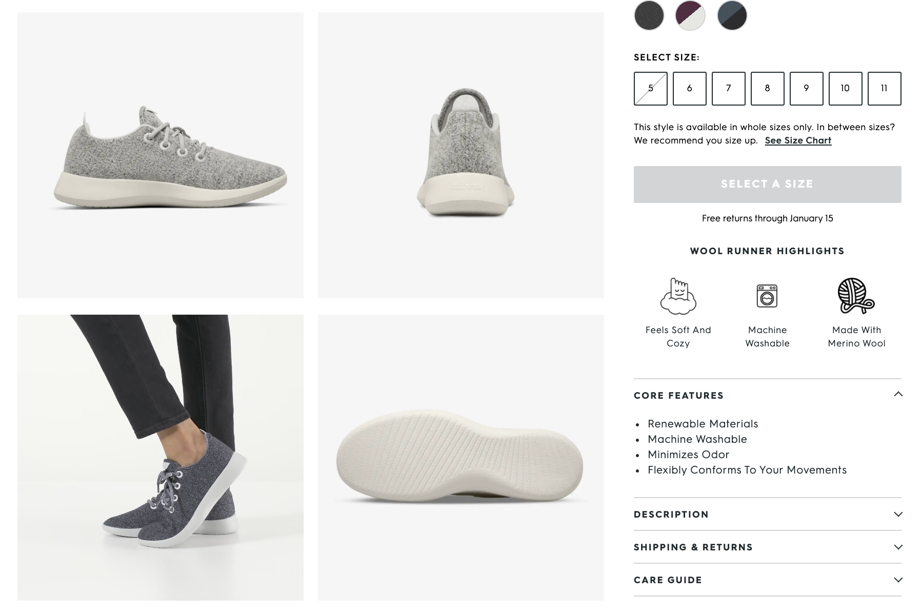 Dettagli condivisi nella pagina di prodotto Allbirds per il modello Wool runner