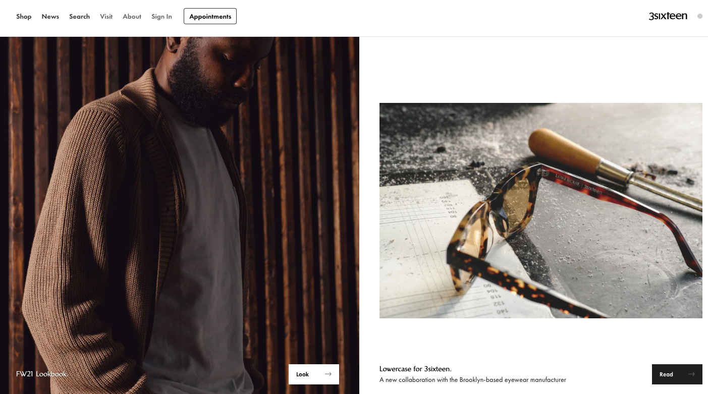 3sixteen's website is rich with photography, with other elements taking a backseat.