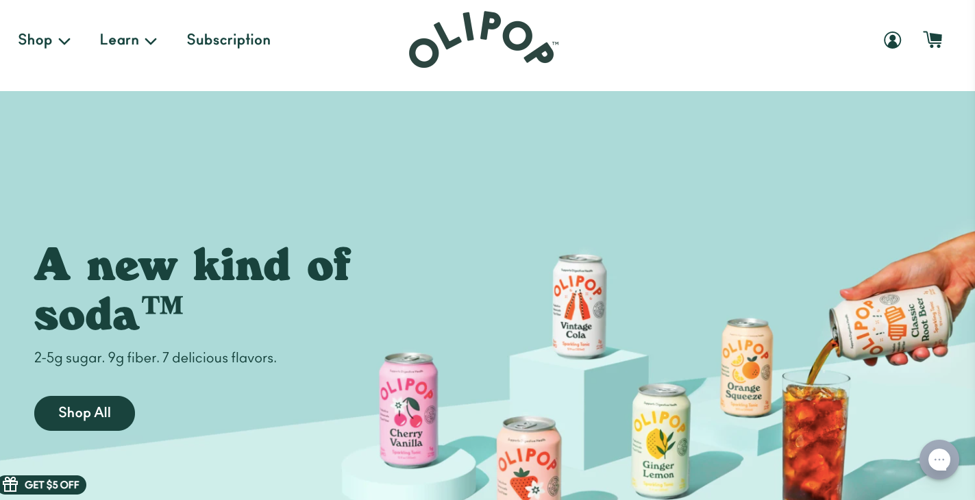 OLIPOP 的网站以大胆的色彩和华丽的照片为特色，展示了其饮料产品。