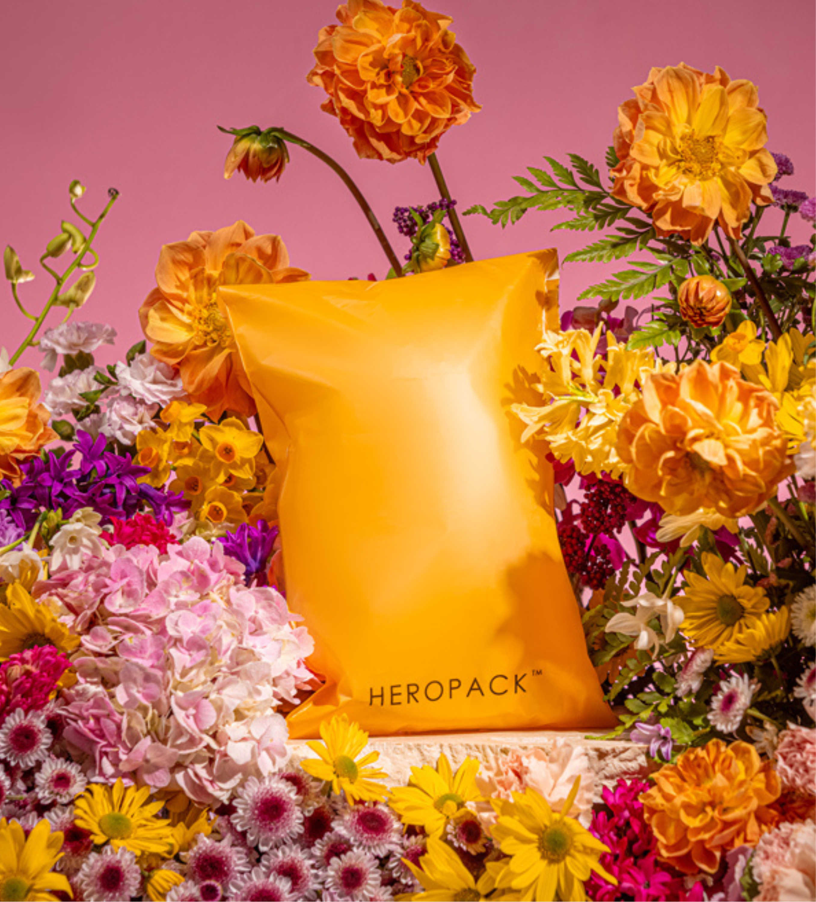 An orange Hero Pack sitting on a pedestal, floating in an array of orange, pink, purple, and yellow flowers. 
