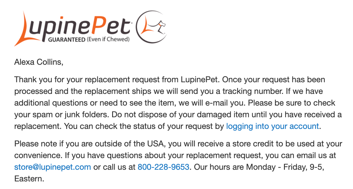 Screenshot of a support email from Lupine Pet