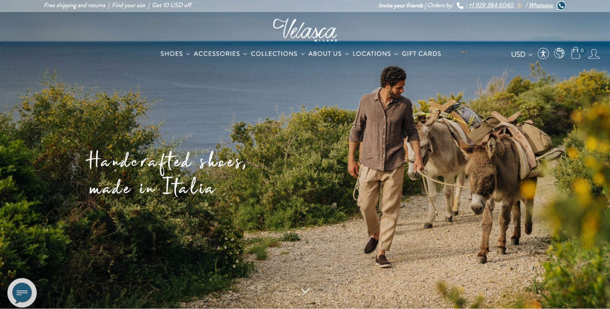 Velasca's web design focuses on lifestyle photography featuring its shoes, belts, and bags