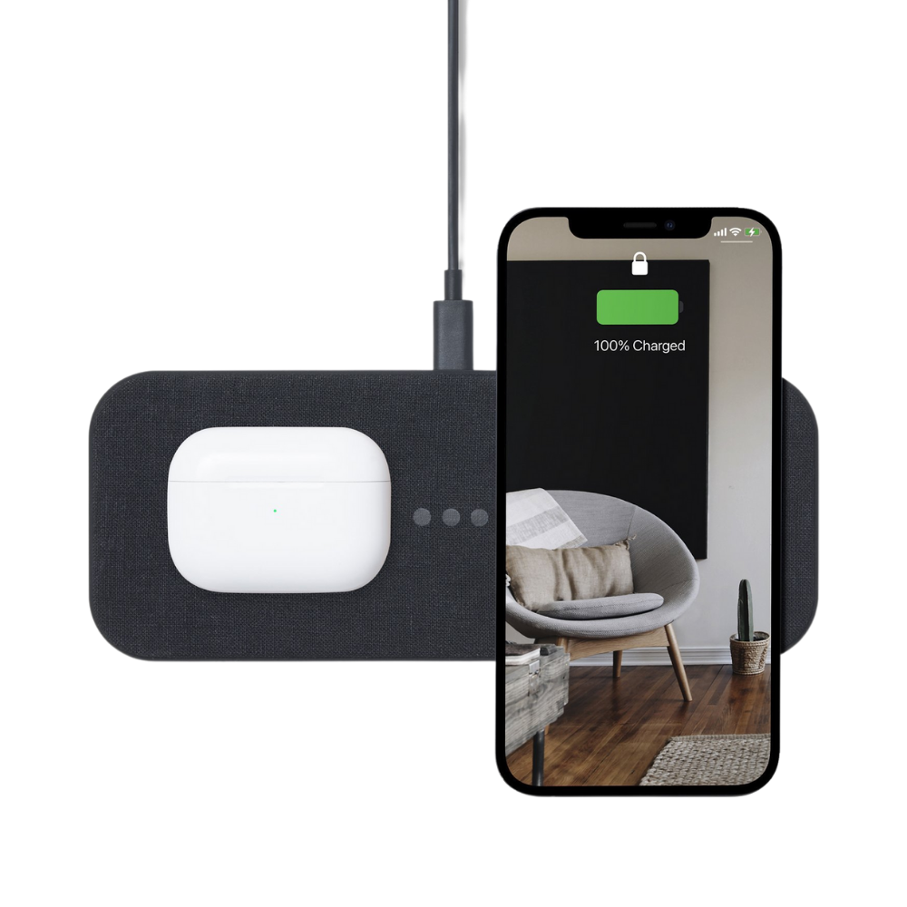 Multi-device wireless charger from Courant. Image shows Airpods and iPhone charging on wireless charger.