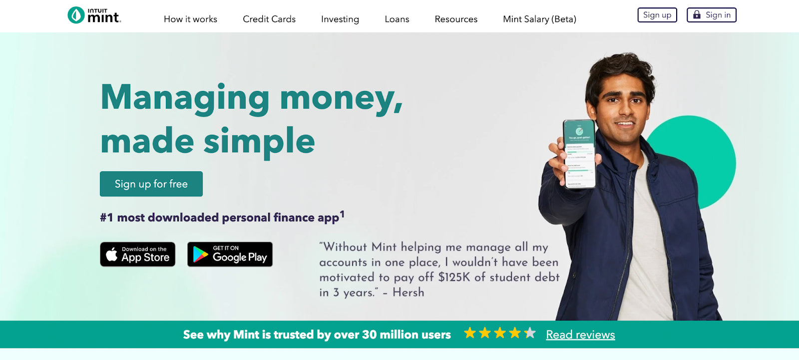 Screenshot of Mint Bank homepage, green color palette, website header example.