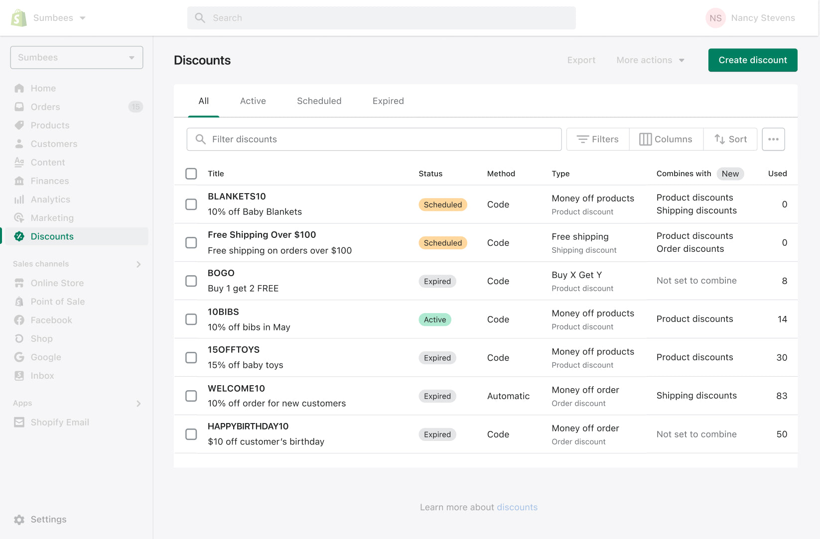 The Shopify Admin view of the Discounts page, showing all the scheduled, active, and expired discounts in a merchants store.