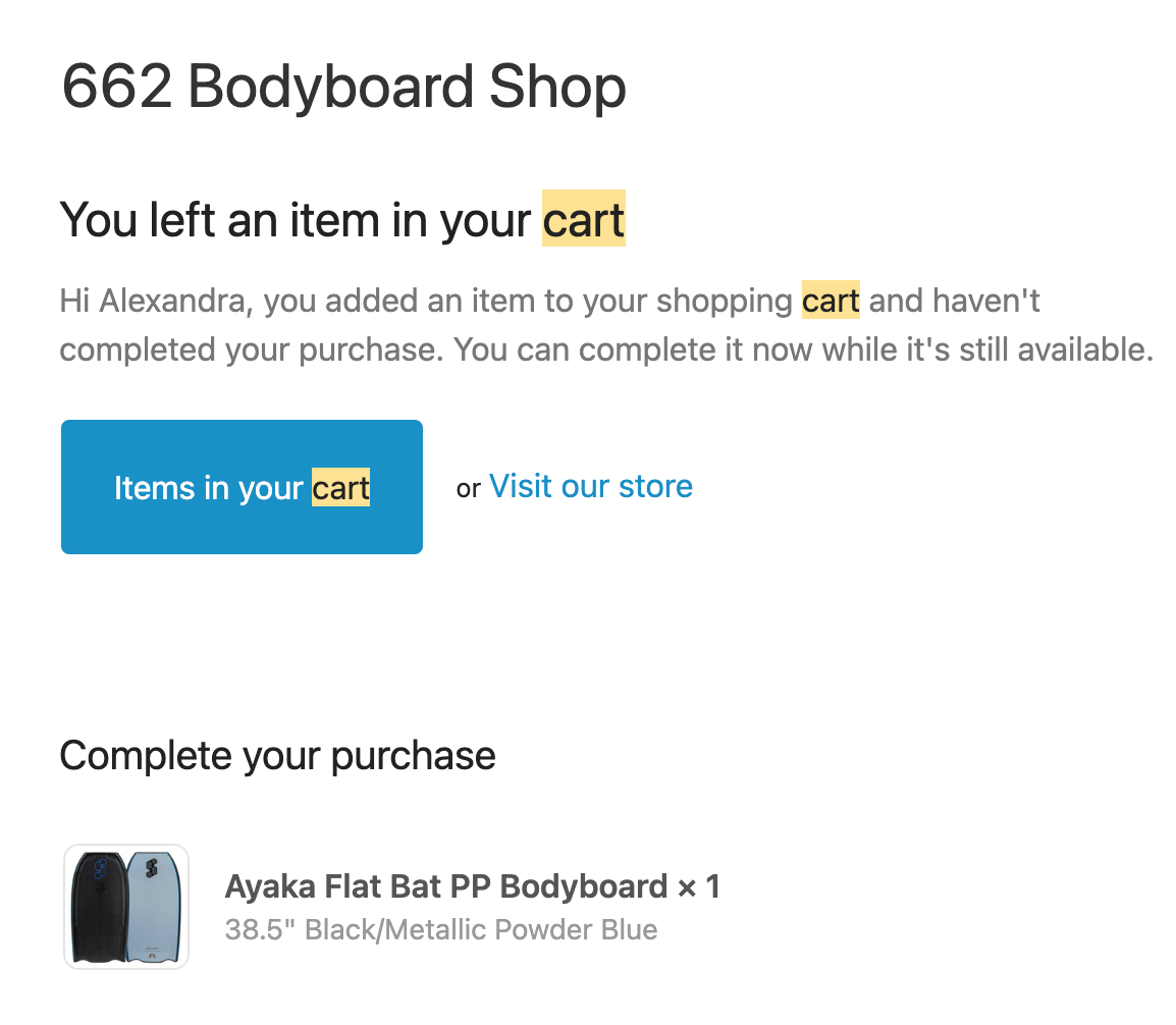 screenshot of 662 Bodyboard Shop abandoned cart email