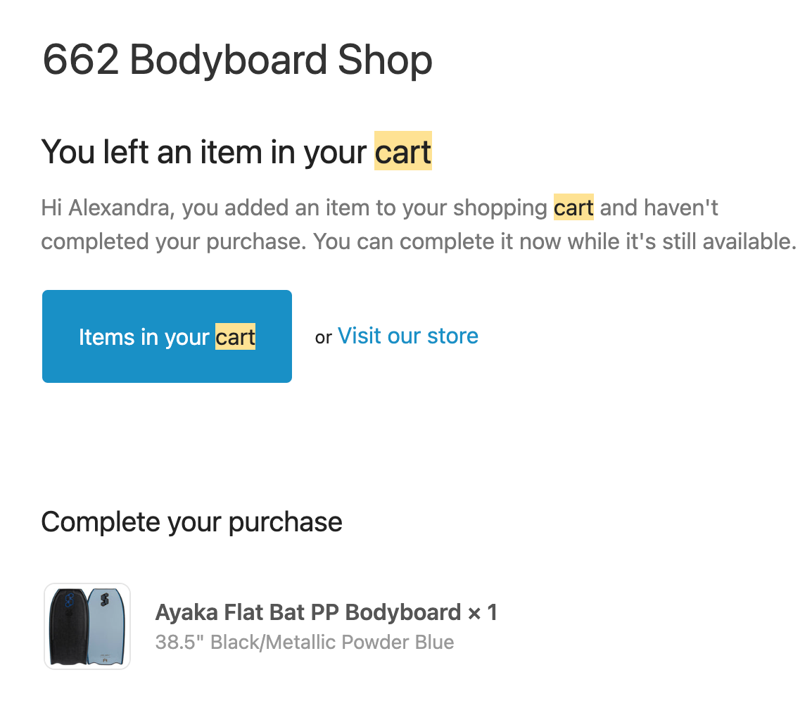 662 Bodyboard Shop 废弃购物车电子邮件的屏幕截图