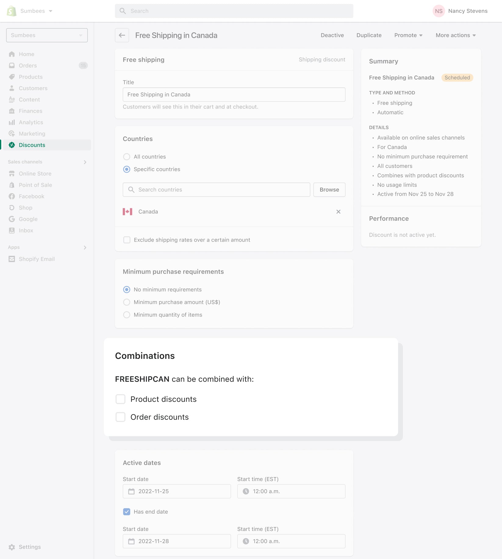 The Shopify Admin view of the Discounts page, showing the Combinations modal with options to apply free shipping to product discounts and order discounts.