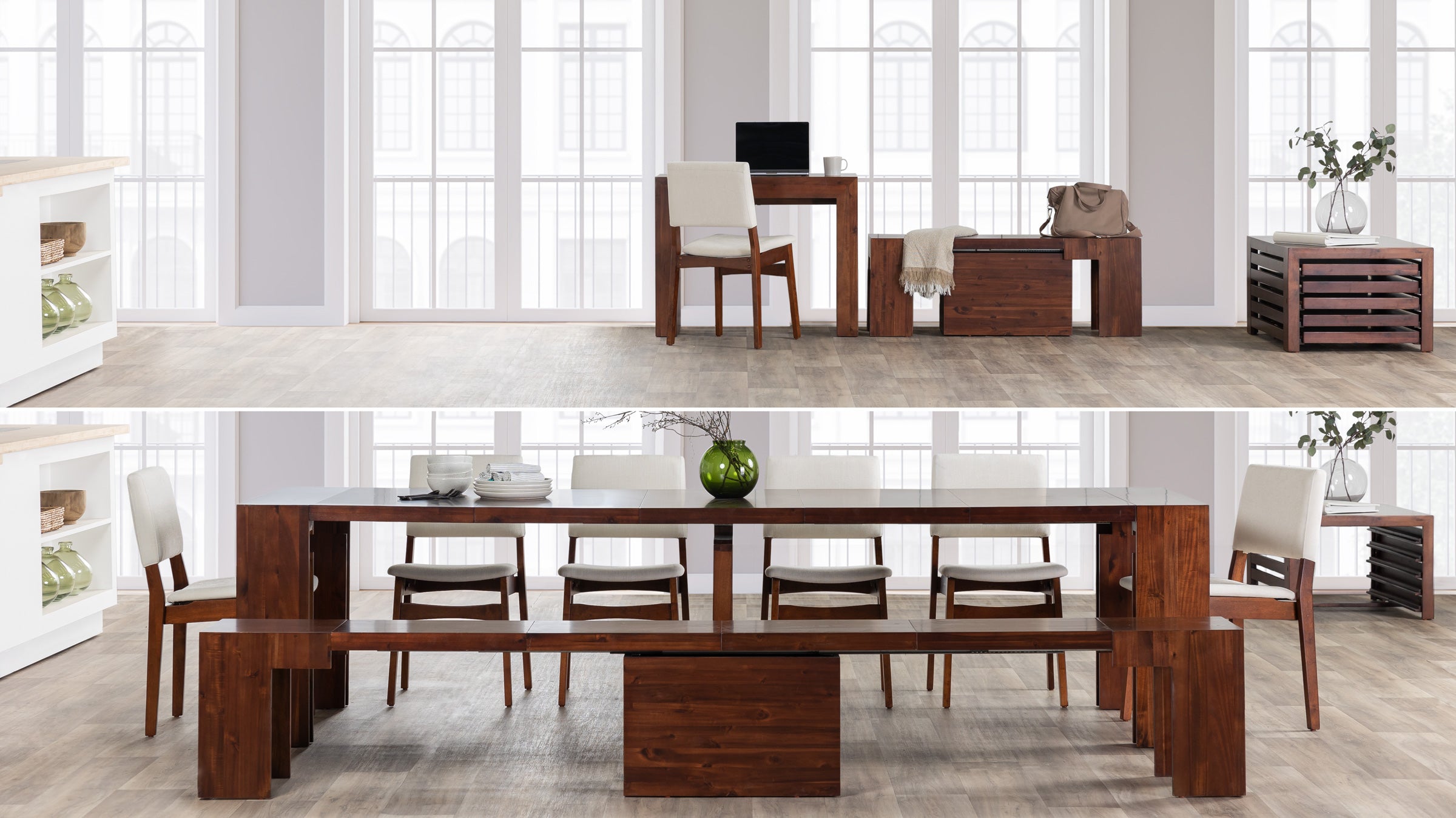Two photos stacked on top of one another picturing the Transformer Dining Set 3.0 in the American Mahogany Finish (1 Transformer Table + 1 Transformer Bench + 4-6 chairs).
